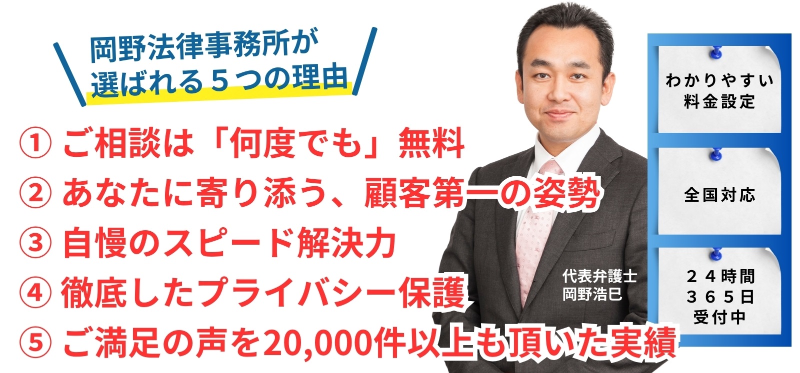 岡野法律事務所（那覇市店、名護支店、沖縄中部支店）は顧客サービスNo.1を目指して「業界の常識」に挑戦し続けます。何度でも相談料&わかりやすい料金体系。全国19拠点&弁護士68名によるスピード解決。ご満足いただいたお客様の声20,000件以上
